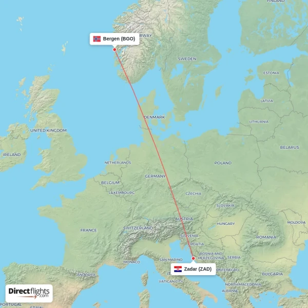 Bergen - Zadar direct flight map