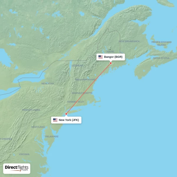 Bangor - New York direct flight map