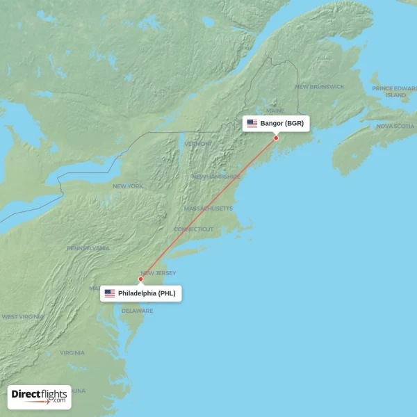 Bangor - Philadelphia direct flight map