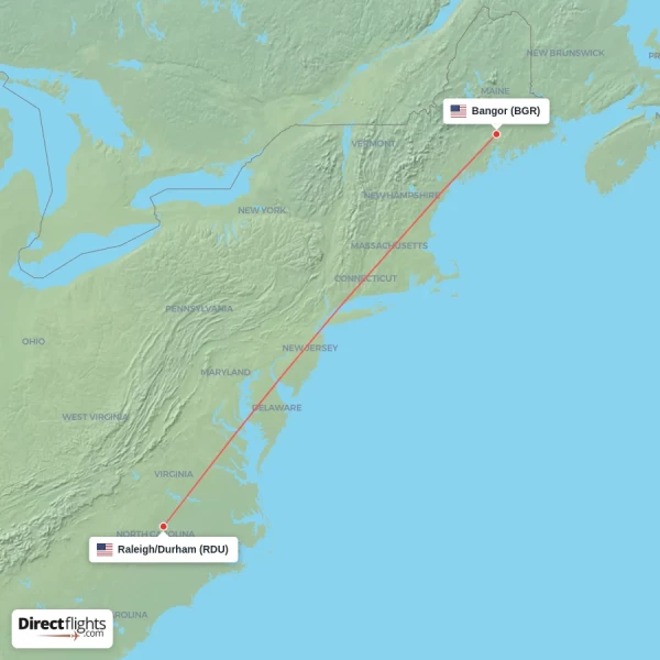 Bangor - Raleigh/Durham direct flight map