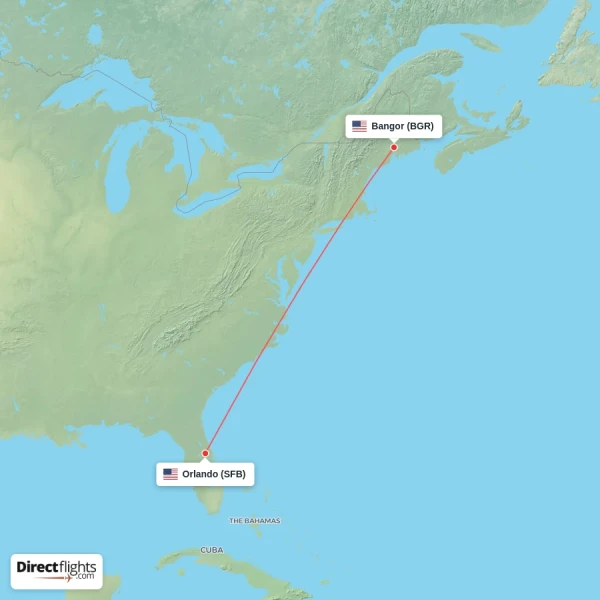 Bangor - Orlando direct flight map