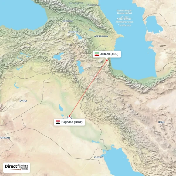Baghdad - Ardabil direct flight map