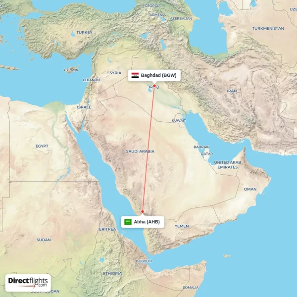 Baghdad - Abha direct flight map