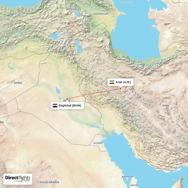 Baghdad - Arak direct flight map