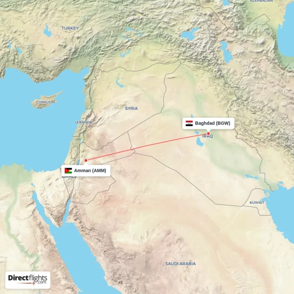 Baghdad - Amman direct flight map