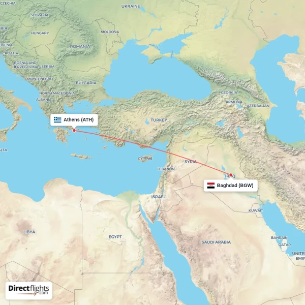 Baghdad - Athens direct flight map