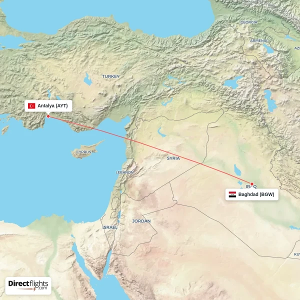 Baghdad - Antalya direct flight map