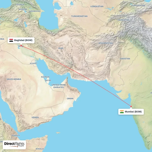 Baghdad - Mumbai direct flight map