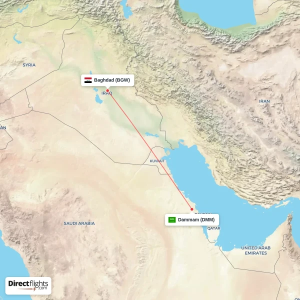 Baghdad - Dammam direct flight map