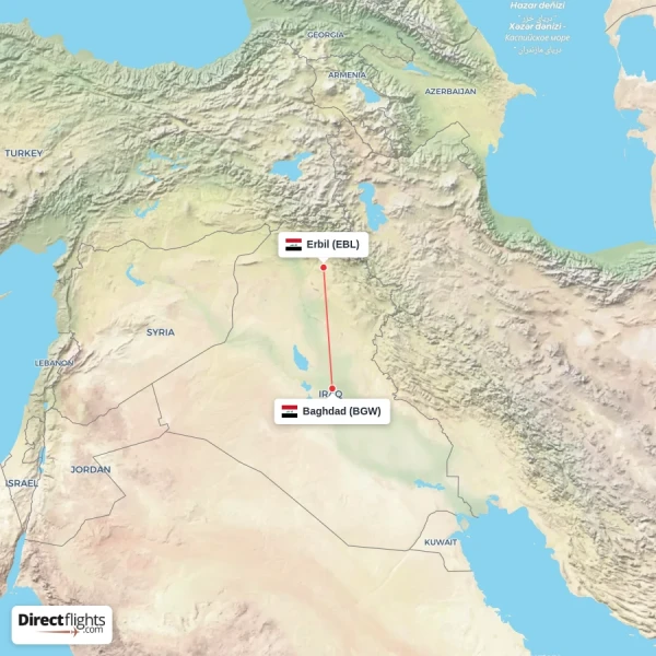 Baghdad - Erbil direct flight map