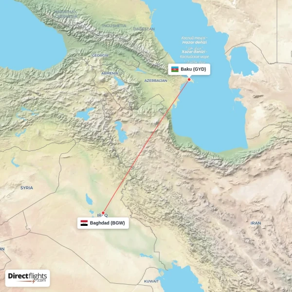 Baghdad - Baku direct flight map
