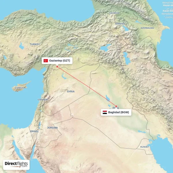 Baghdad - Gaziantep direct flight map