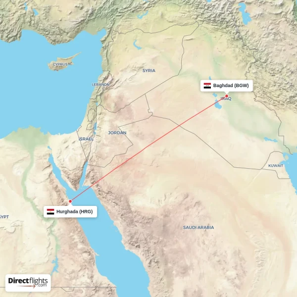 Baghdad - Hurghada direct flight map