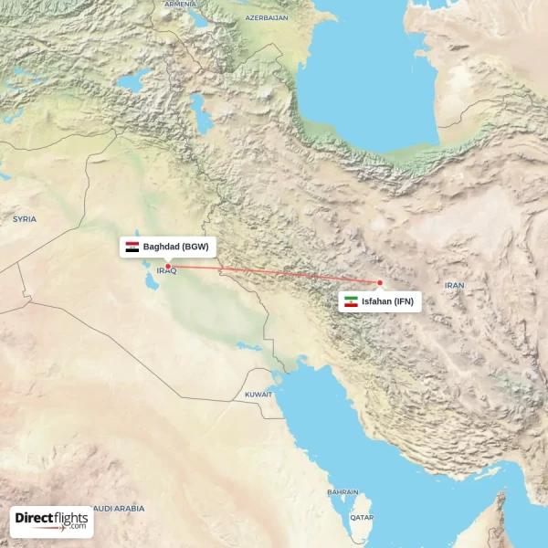 Baghdad - Isfahan direct flight map