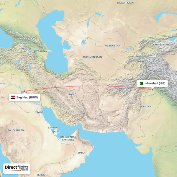Baghdad - Islamabad direct flight map