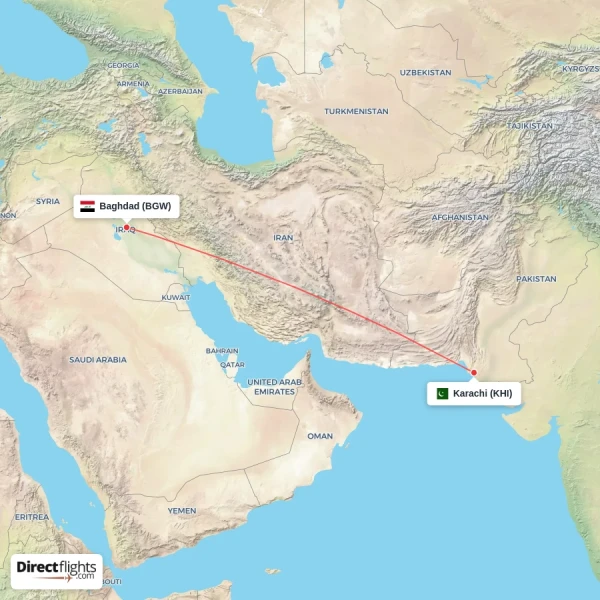 Baghdad - Karachi direct flight map