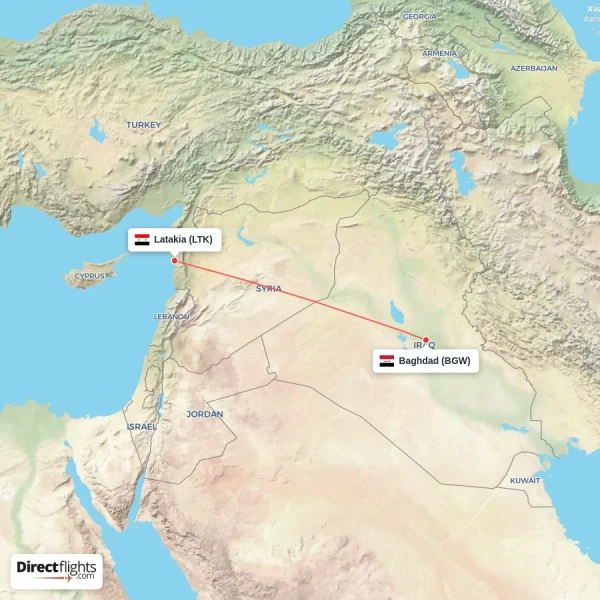 Baghdad - Latakia direct flight map