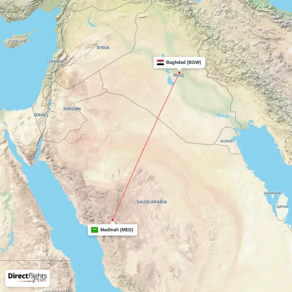 Baghdad - Madinah direct flight map