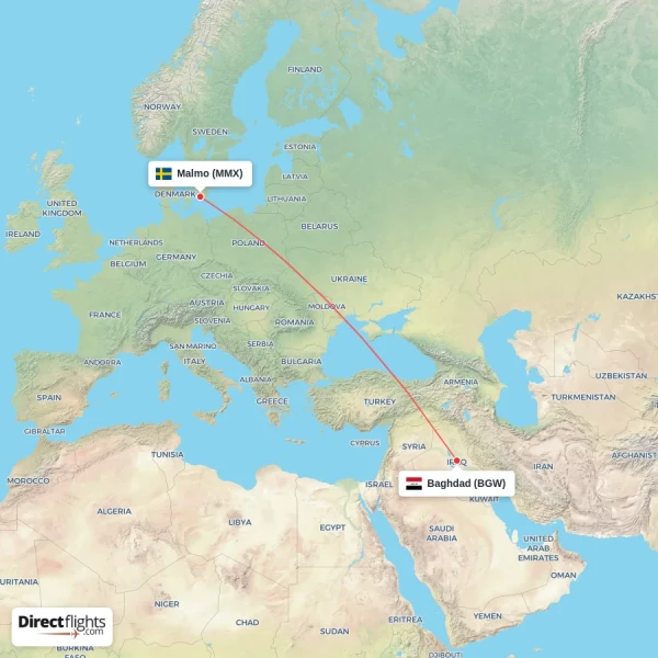 Baghdad - Malmo direct flight map