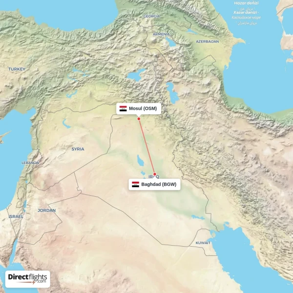 Baghdad - Mosul direct flight map