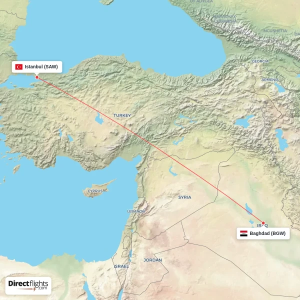 Baghdad - Istanbul direct flight map