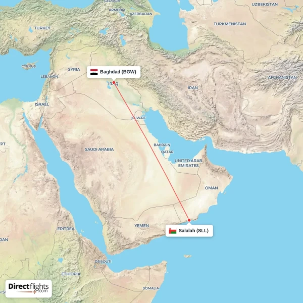 Baghdad - Salalah direct flight map