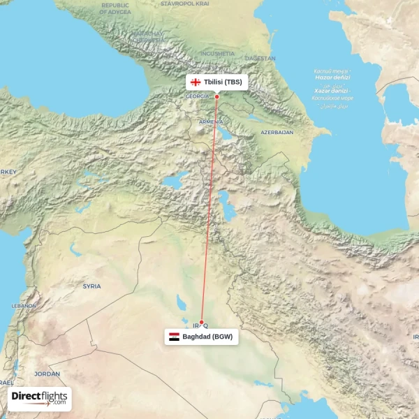 Baghdad - Tbilisi direct flight map