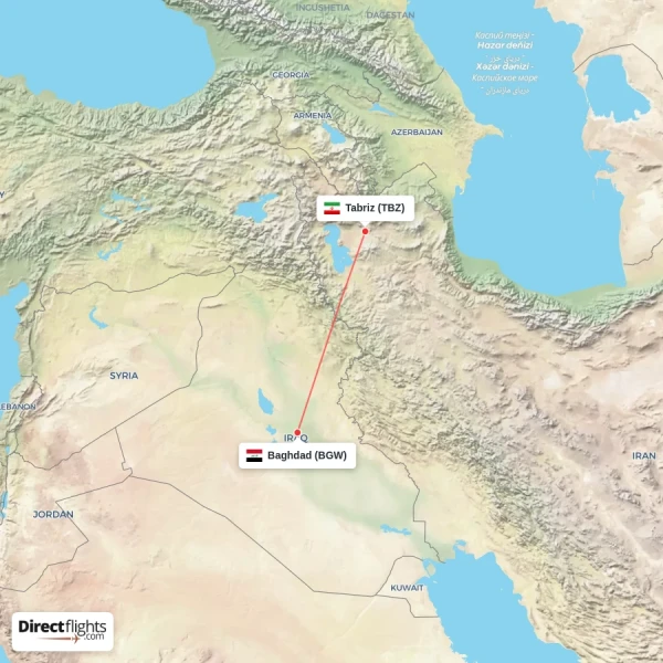 Baghdad - Tabriz direct flight map