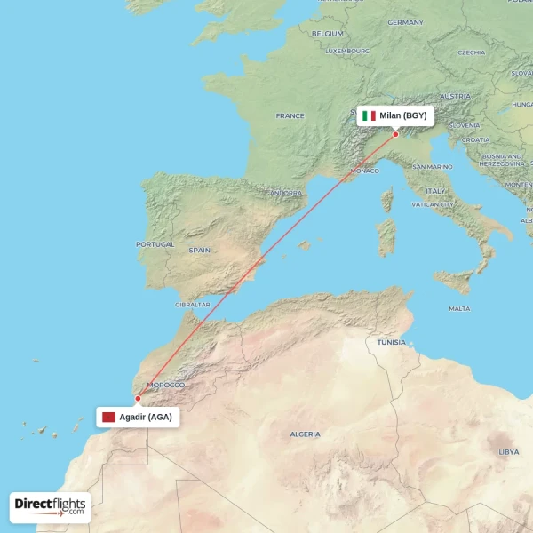 Milan - Agadir direct flight map