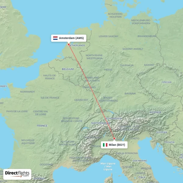 Milan - Amsterdam direct flight map