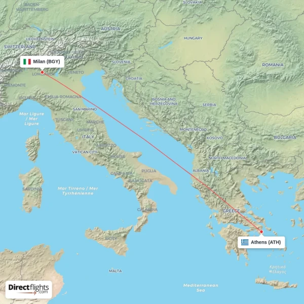Milan - Athens direct flight map