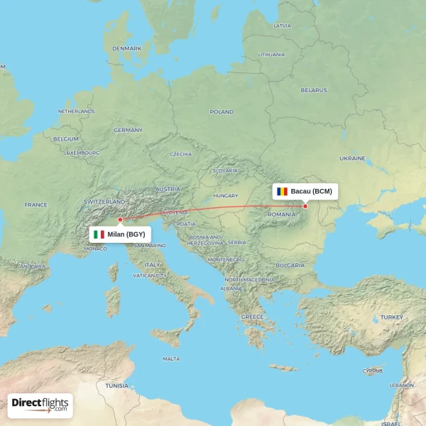 Milan - Bacau direct flight map