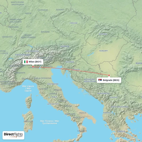 Milan - Belgrade direct flight map