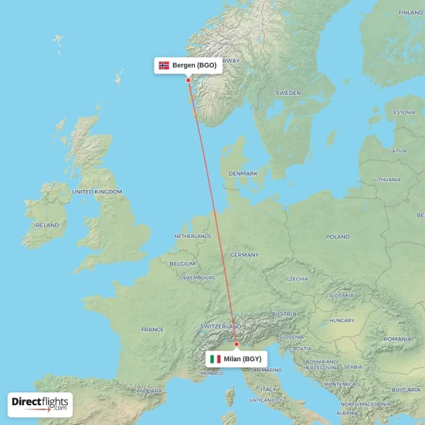 Milan - Bergen direct flight map