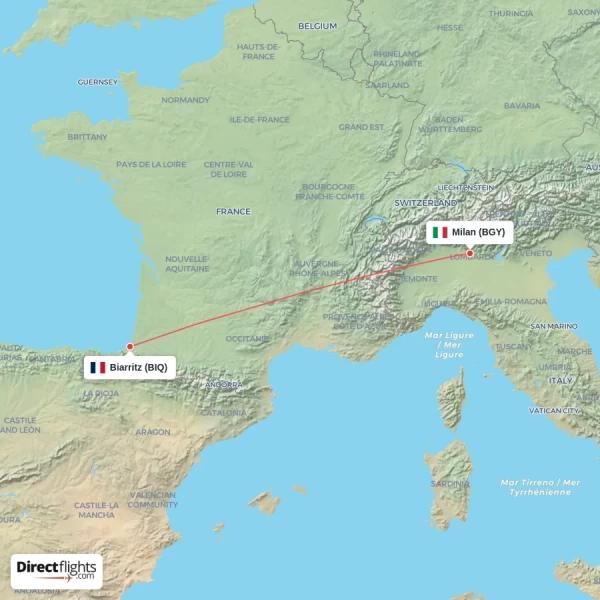 Milan - Biarritz direct flight map