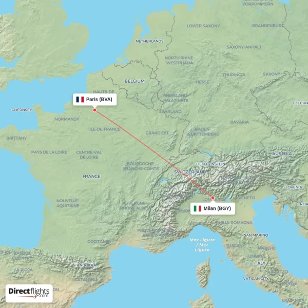 Milan - Paris direct flight map