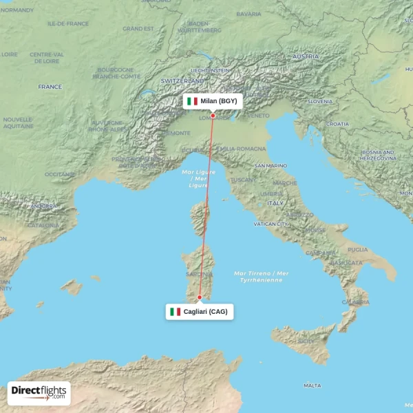 Milan - Cagliari direct flight map