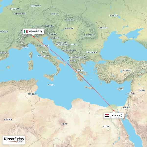 Milan - Cairo direct flight map