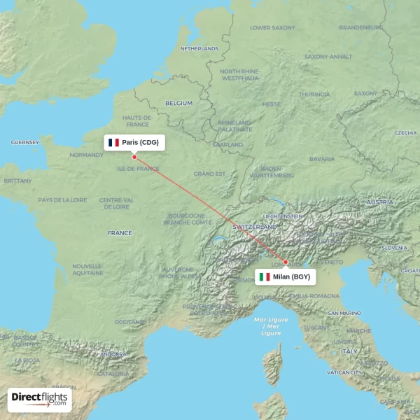 Milan - Paris direct flight map