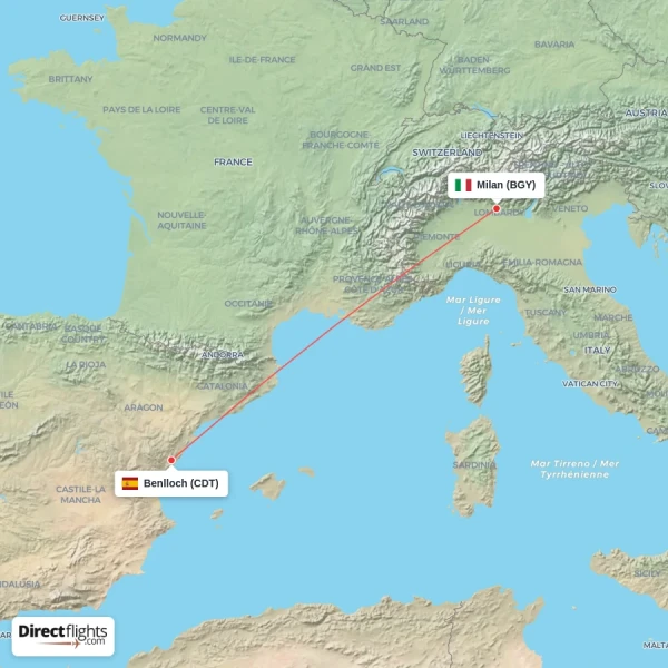 Milan - Benlloch direct flight map