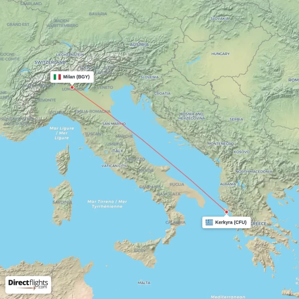 Milan - Kerkyra direct flight map