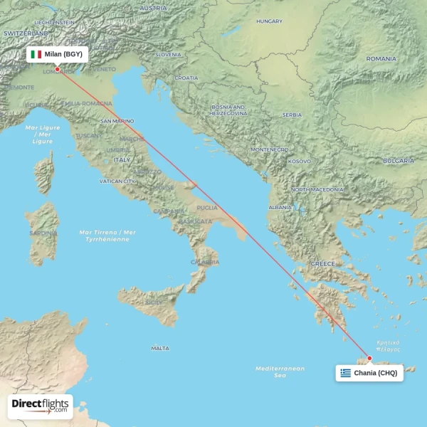 Milan - Chania direct flight map