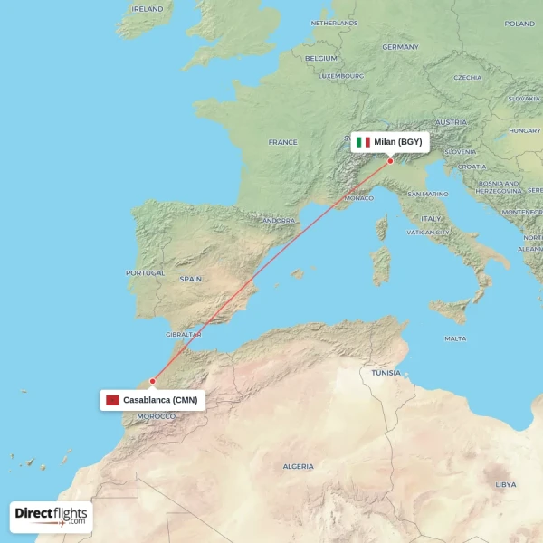 Milan - Casablanca direct flight map