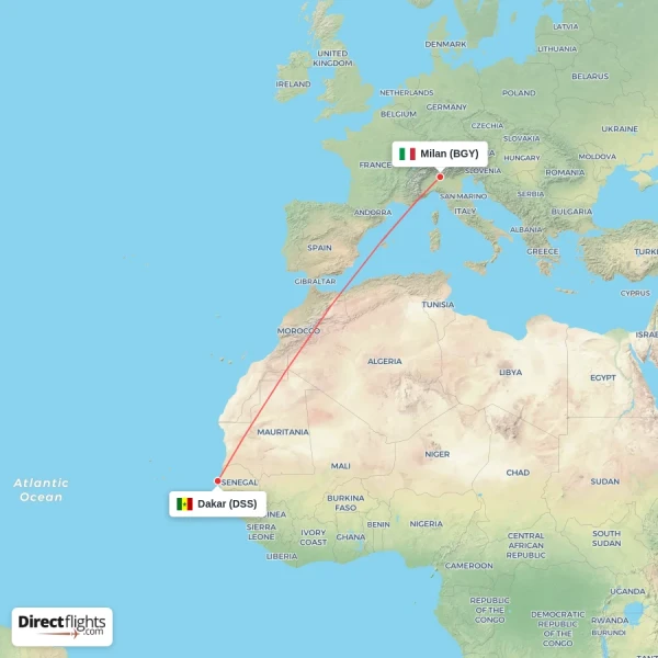 Milan - Dakar direct flight map