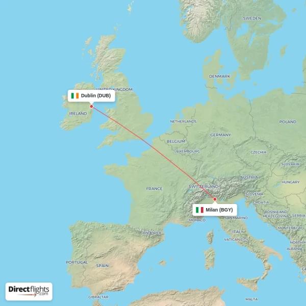 Milan - Dublin direct flight map