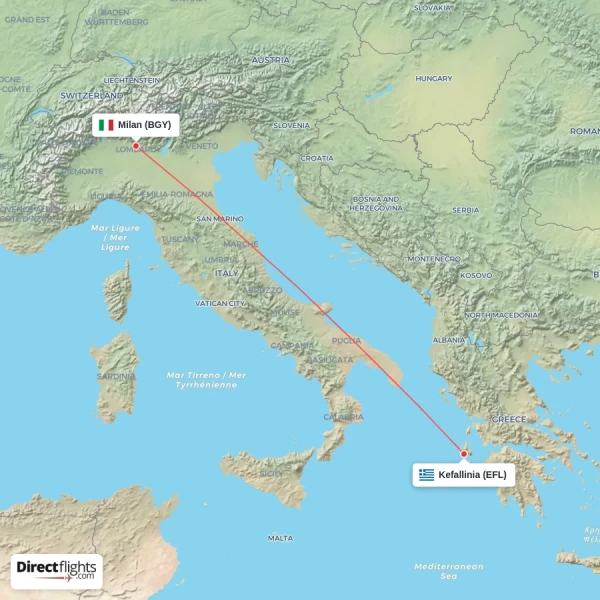Milan - Kefallinia direct flight map