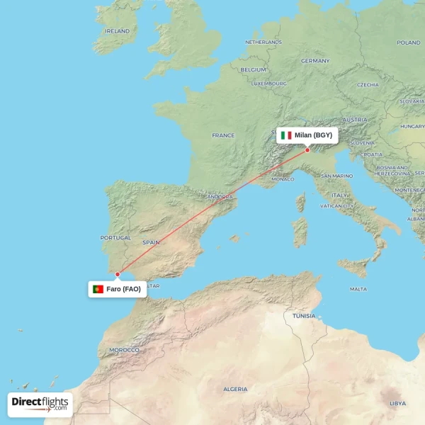 Milan - Faro direct flight map