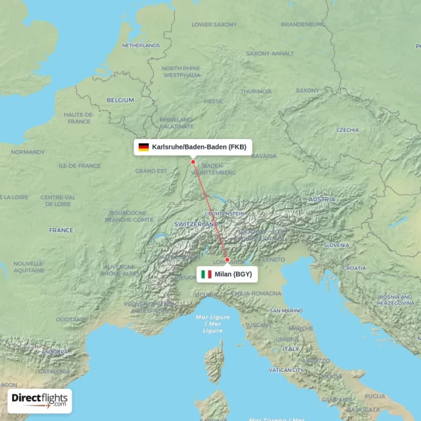 Milan - Karlsruhe/Baden-Baden direct flight map