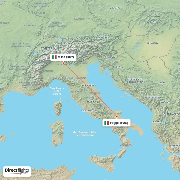 Milan - Foggia direct flight map
