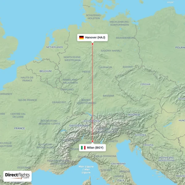 Milan - Hanover direct flight map